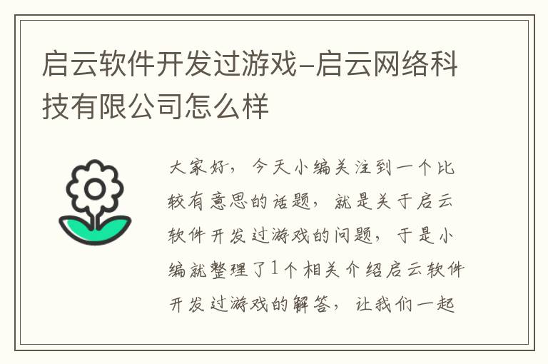 启云软件开发过游戏-启云网络科技有限公司怎么样